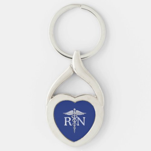 Registered Nurse RN Silver Caduceus on Navy Blue Keychain
