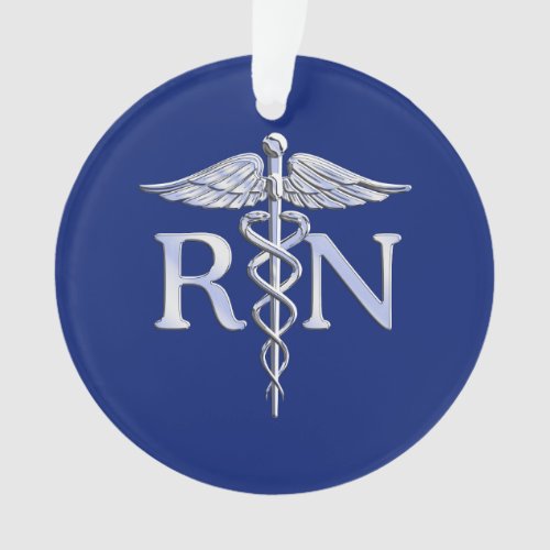 Registered Nurse RN Silver Caduceus on Navy Blue Ornament
