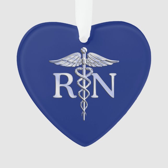 Registered Nurse RN Silver Caduceus on Navy Blue Ornament (Front)