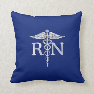 Registered Nurse RN Silver Caduceus on Navy Blue Throw Pillow