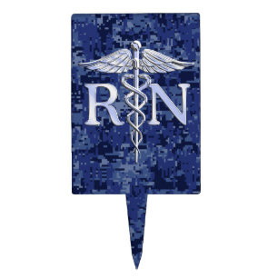 Registered Nurse RN Silver Caduceus on Navy Camo Cake Topper