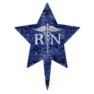 Registered Nurse RN Silver Caduceus on Navy Camo Cake Topper