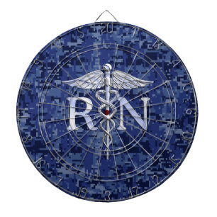Registered Nurse RN Silver Caduceus on Navy Camo Dartboard