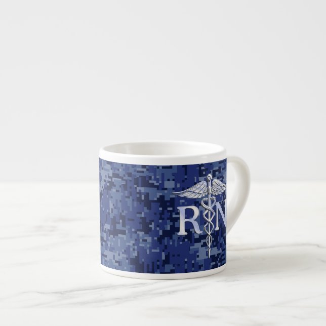 Registered Nurse RN Silver Caduceus on Navy Camo Espresso Cup (Front Right)