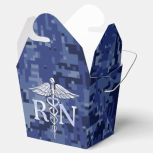 Registered Nurse RN Silver Caduceus on Navy Camo Favor Boxes