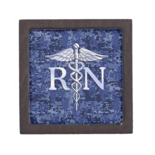 Registered Nurse RN Silver Caduceus on Navy Camo Jewelry Box