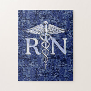 Registered Nurse RN Silver Caduceus on Navy Camo Jigsaw Puzzle