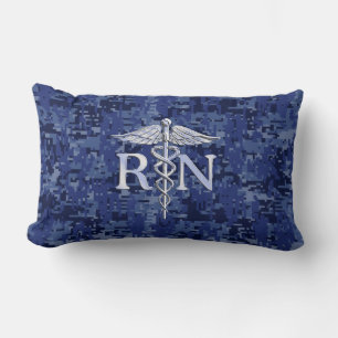 Registered Nurse RN Silver Caduceus on Navy Camo Lumbar Pillow