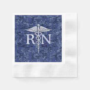Registered Nurse RN Silver Caduceus on Navy Camo Paper Napkins