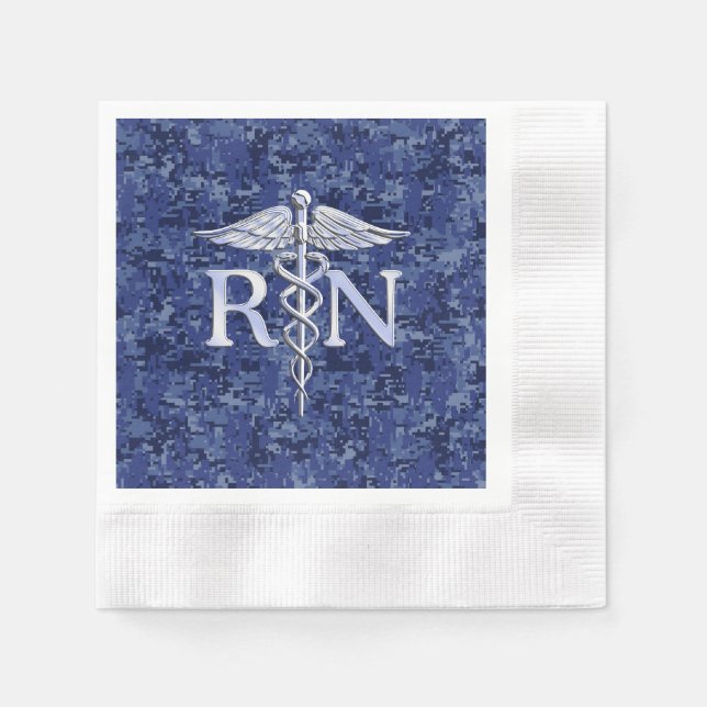 Registered Nurse RN Silver Caduceus on Navy Camo Paper Napkins (Front)