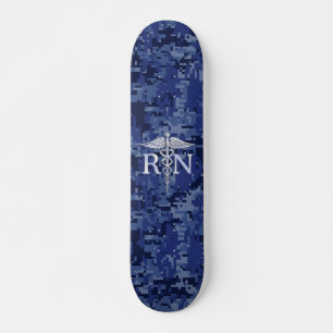 Registered Nurse RN Silver Caduceus on Navy Camo Skateboard Deck