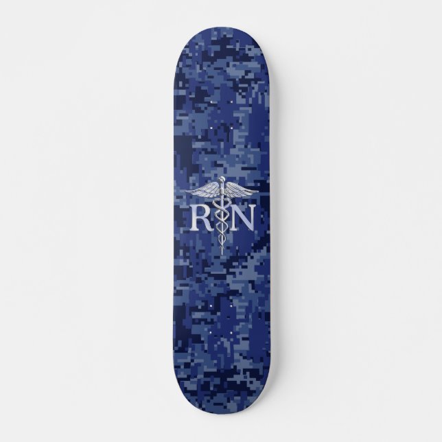Registered Nurse RN Silver Caduceus on Navy Camo Skateboard Deck (Front)