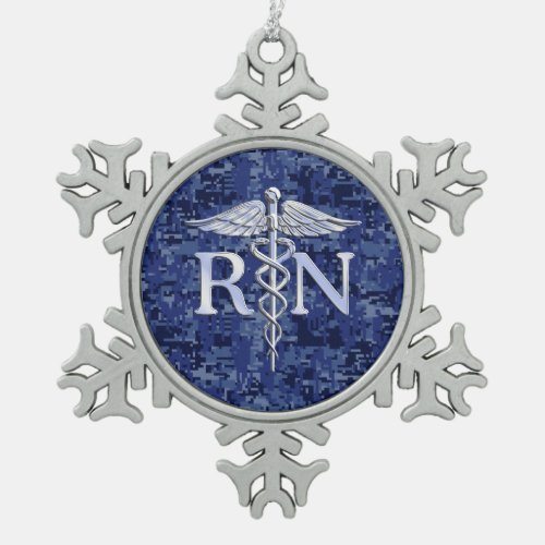 Registered Nurse RN Silver Caduceus on Navy Camo Snowflake Pewter Christmas Ornament