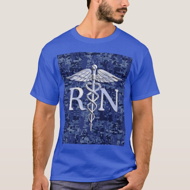 Registered Nurse RN Silver Caduceus on Navy Camo T-Shirt (Front)