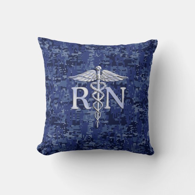 Registered Nurse RN Silver Caduceus on Navy Camo Throw Pillow (Front)