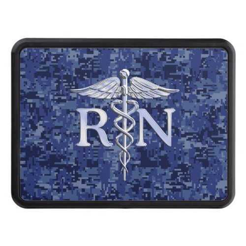 Registered Nurse RN Silver Caduceus on Navy Camo Tow Hitch Cover