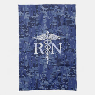 Registered Nurse RN Silver Caduceus on Navy Camo Towel