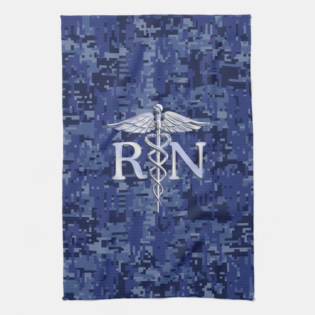 Registered Nurse RN Silver Caduceus on Navy Camo Towel (Vertical)
