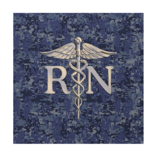Registered Nurse RN Silver Caduceus on Navy Camo Wood Wall Art