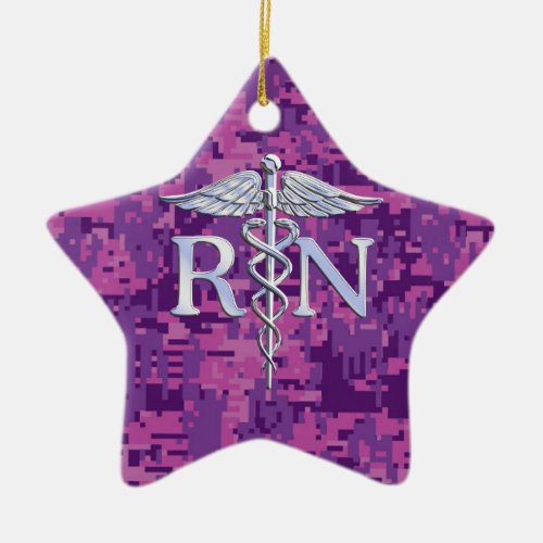 Registered Nurse RN Silver Caduceus on Pink Camo Ceramic Ornament