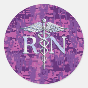 Registered Nurse RN Silver Caduceus on Pink Camo Classic Round Sticker