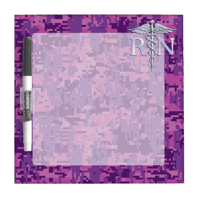 Registered Nurse RN Silver Caduceus on Pink Camo Dry Erase Board (Front)