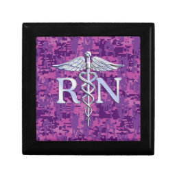 Registered Nurse RN Silver Caduceus on Pink Camo Jewelry Box