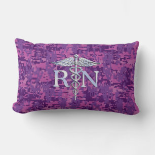 Registered Nurse RN Silver Caduceus on Pink Camo Lumbar Pillow