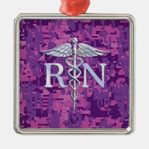 Registered Nurse RN Silver Caduceus on Pink Camo Metal Ornament