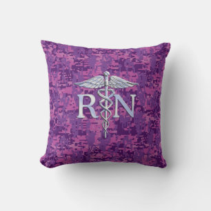 Registered Nurse RN Silver Caduceus on Pink Camo Throw Pillow