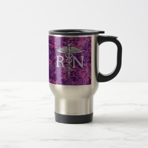 Registered Nurse RN Silver Caduceus on Pink Camo Travel Mug