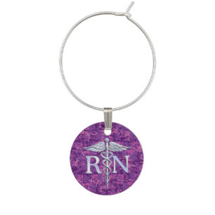 Registered Nurse RN Silver Caduceus on Pink Camo Wine Charm