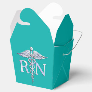 Registered Nurse RN Silver Caduceus on Turquoise Favor Boxes