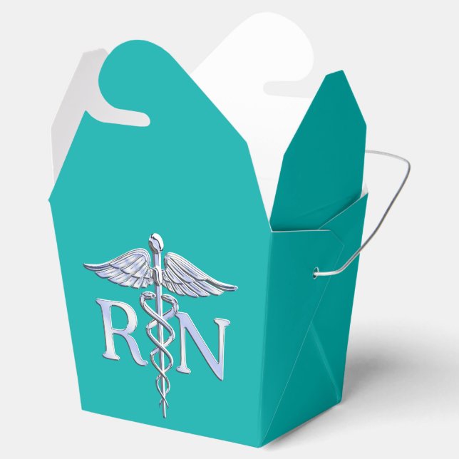 Registered Nurse RN Silver Caduceus on Turquoise Favor Boxes (Opened)