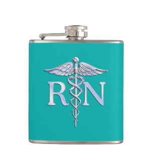 Registered Nurse RN Silver Caduceus on Turquoise Flask