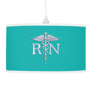 Registered Nurse RN Silver Caduceus on Turquoise Hanging Lamp