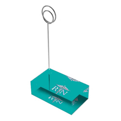Registered Nurse RN Silver Caduceus on Turquoise Place Card Holder