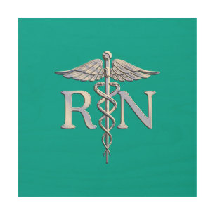 Registered Nurse RN Silver Caduceus on Turquoise Wood Wall Art