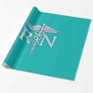 Registered Nurse RN Silver Caduceus on Turquoise Wrapping Paper