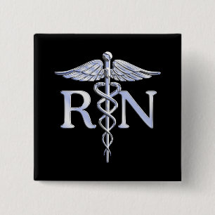 Registered Nurse RN Silver Caduceus Snakes Black Button