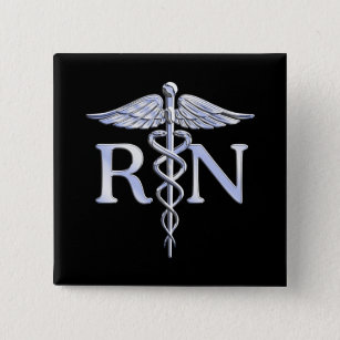Registered Nurse RN Silver Caduceus Snakes Black Button