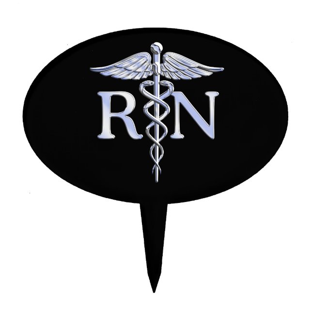Registered Nurse RN Silver Caduceus Snakes Black Cake Topper (Front)