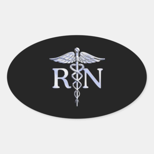 Registered Nurse RN Silver Caduceus Snakes Black Oval Sticker