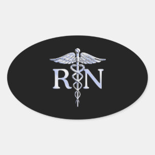 Registered Nurse RN Silver Caduceus Snakes Black Oval Sticker