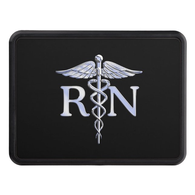 Registered Nurse RN Silver Caduceus Snakes Black Tow Hitch Cover (Front)