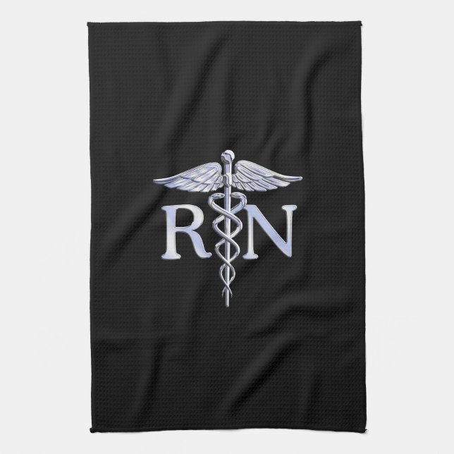 Registered Nurse RN Silver Caduceus Snakes Black Towel (Vertical)