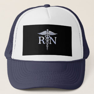 Registered Nurse RN Silver Caduceus Snakes Black Trucker Hat