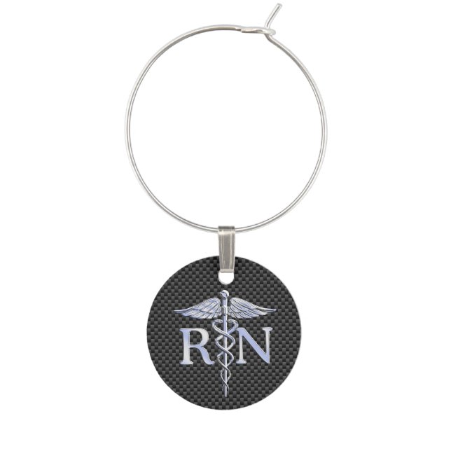 Registered Nurse RN Silver Caduceus Snakes Wine Charm (Front)