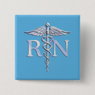 Registered Nurse RN Silver Like Caduceus Baby Blue Button