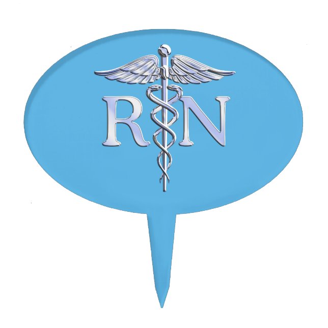 Registered Nurse RN Silver Like Caduceus Baby Blue Cake Topper (Front)